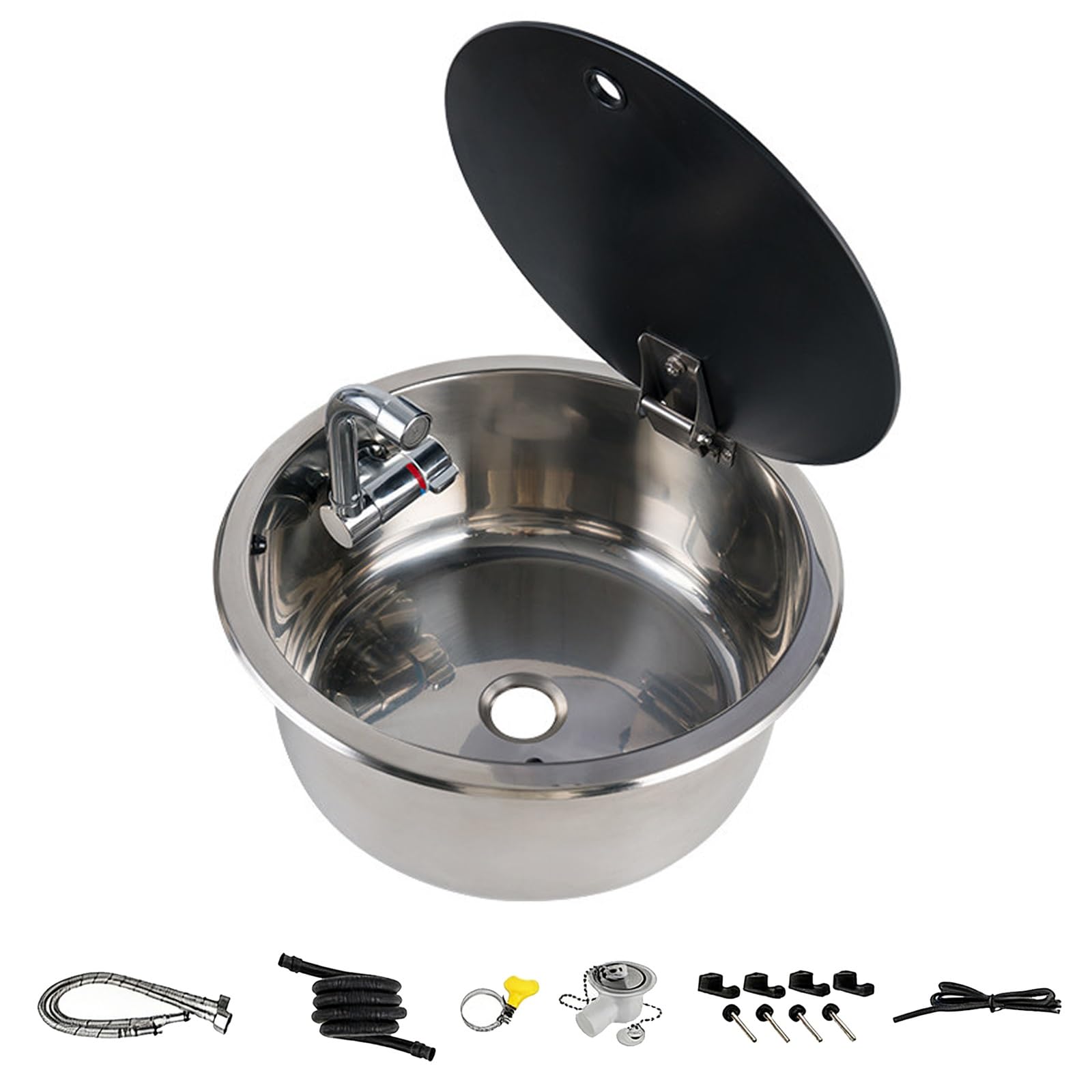 Fregadero Redondo para Furgoneta Camper con Grifo y Tapa de Vidrio Templado, Cubeta de Acero Inoxidable 304 para Autocaravana, Caravana o Barco, con Kit de Desagüe