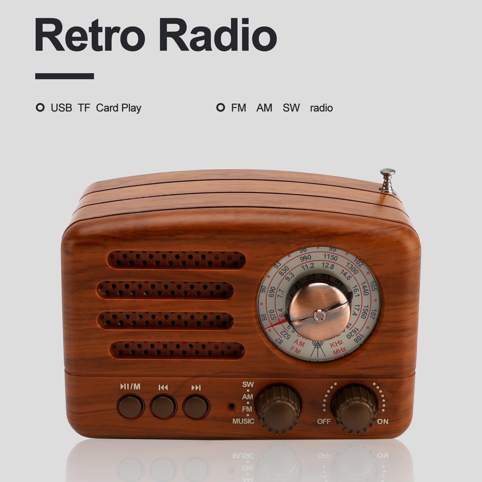Topteng Retro Radio Bluetooth Lautsprecher, AM/FM/SW Nostalgie Radio, Kofferradio mit USB/TF-Karte, Mini Musikplayer für Zuhause - Dekoratives Vintage Design im Holzlook, Küchenradio Klein