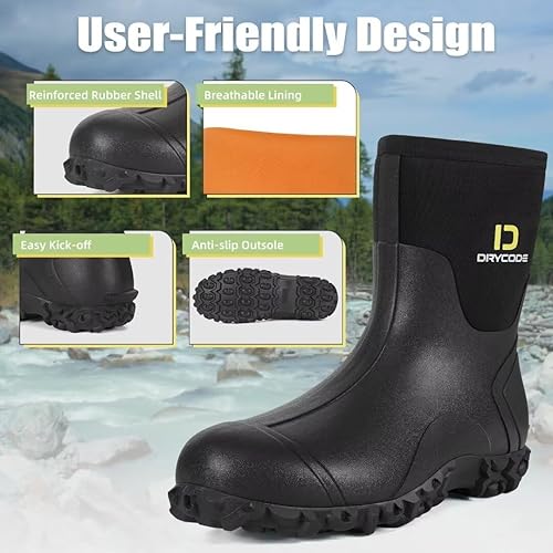 Miniatura 4 de D DRYCODE Botas de goma para hombre con vástago de acero, botas de lluvia impermeables a media pantorrilla, para agricultura, jardinería, pesca,