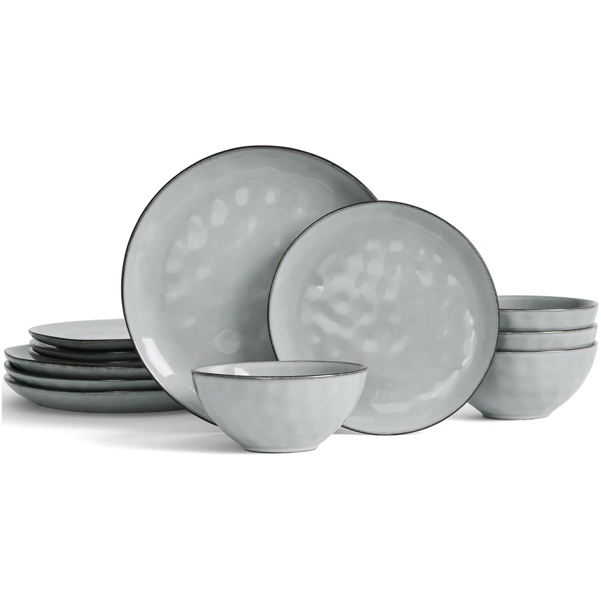 Richmount Ocean 12 Piece Dinner Set, Stoneware 3D Wave Relief Irregularly Shaped Plates and Bowls Set, Reactive Glaze Dinnerware Sets for 4, Dishwasher & Microwave Safe, Stylish & Durable, Grey