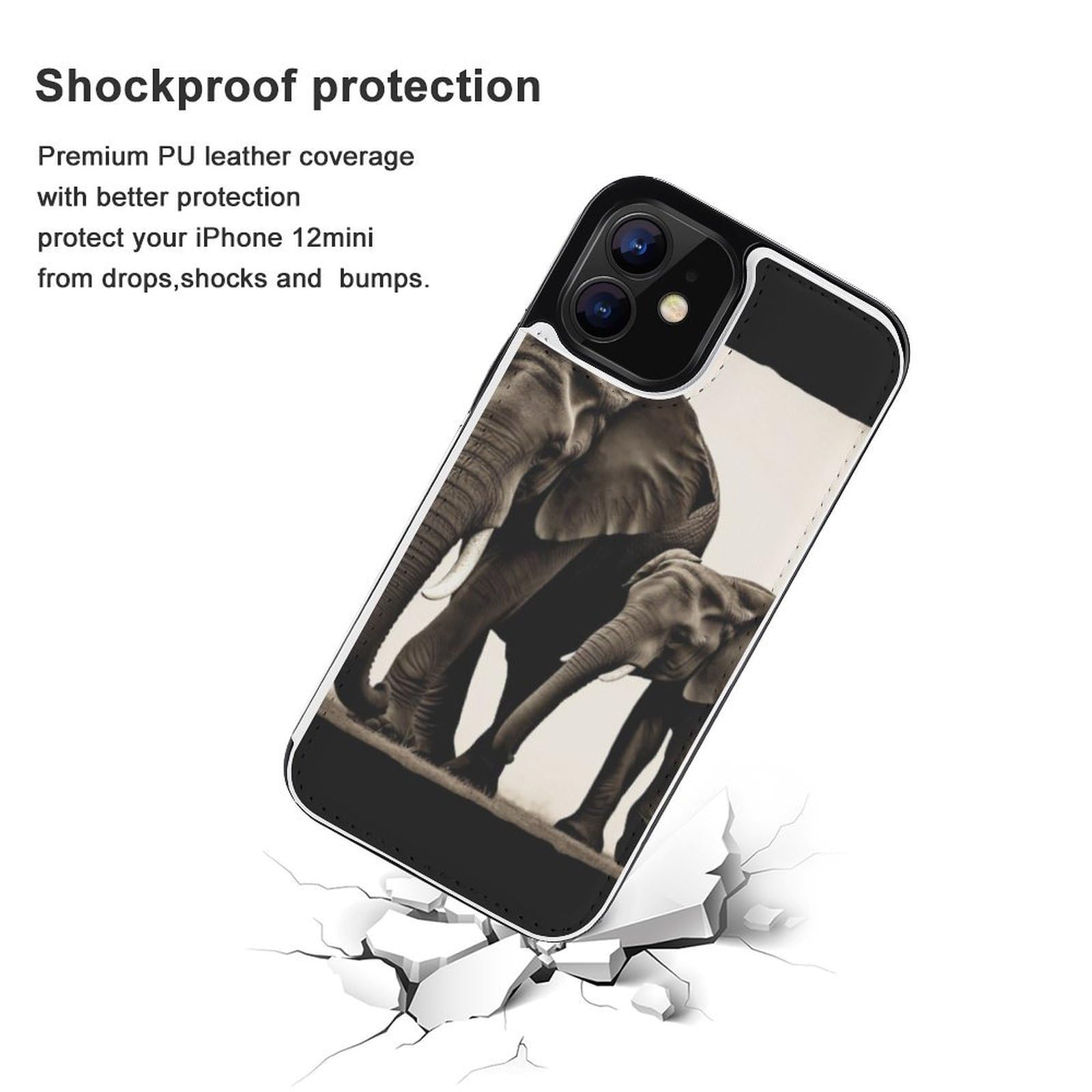 Funda tipo cartera para iPhone 12 Mini, diseño de elefante viejo y elefante joven, funda de piel con ranuras para tarjetas