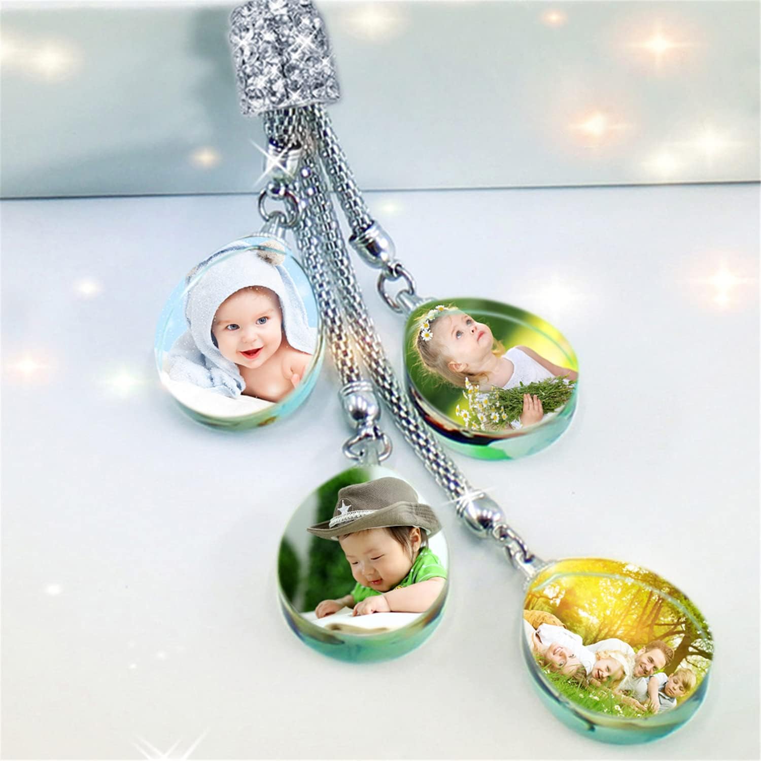 Car Mirror Hanging Photo Frame with 5 Pictures, Crystal, Modern, Personalized Car Ornament, 32x6.5cm