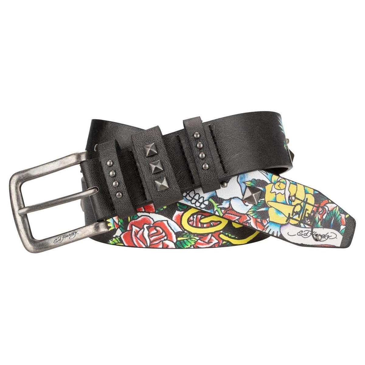 ED HARDY Men's 38mm Skulls & Roses Print Studded Belt, Black/Pyramid Studs, 34