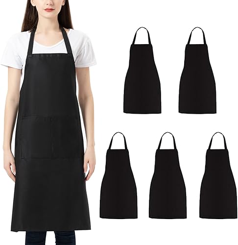 Delantal de chef para hombres y mujeres, paquete de 5 delantales unisex con 2 bolsillos, delantales de cocina lavables para cocinar, hornear,