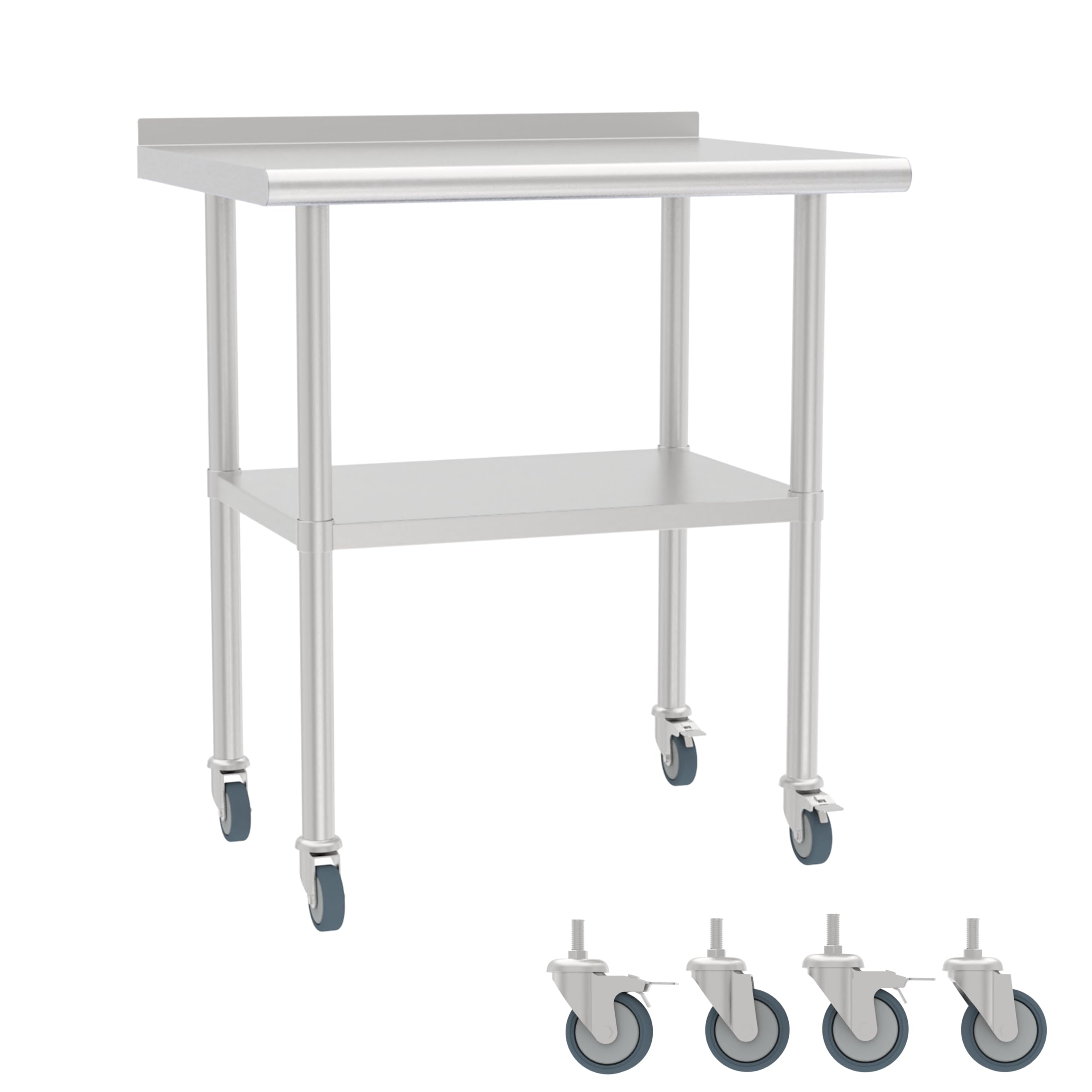 STEELBUS Stainless Steel Table (Backboard Table+Casters, 24 x 30 Inch)