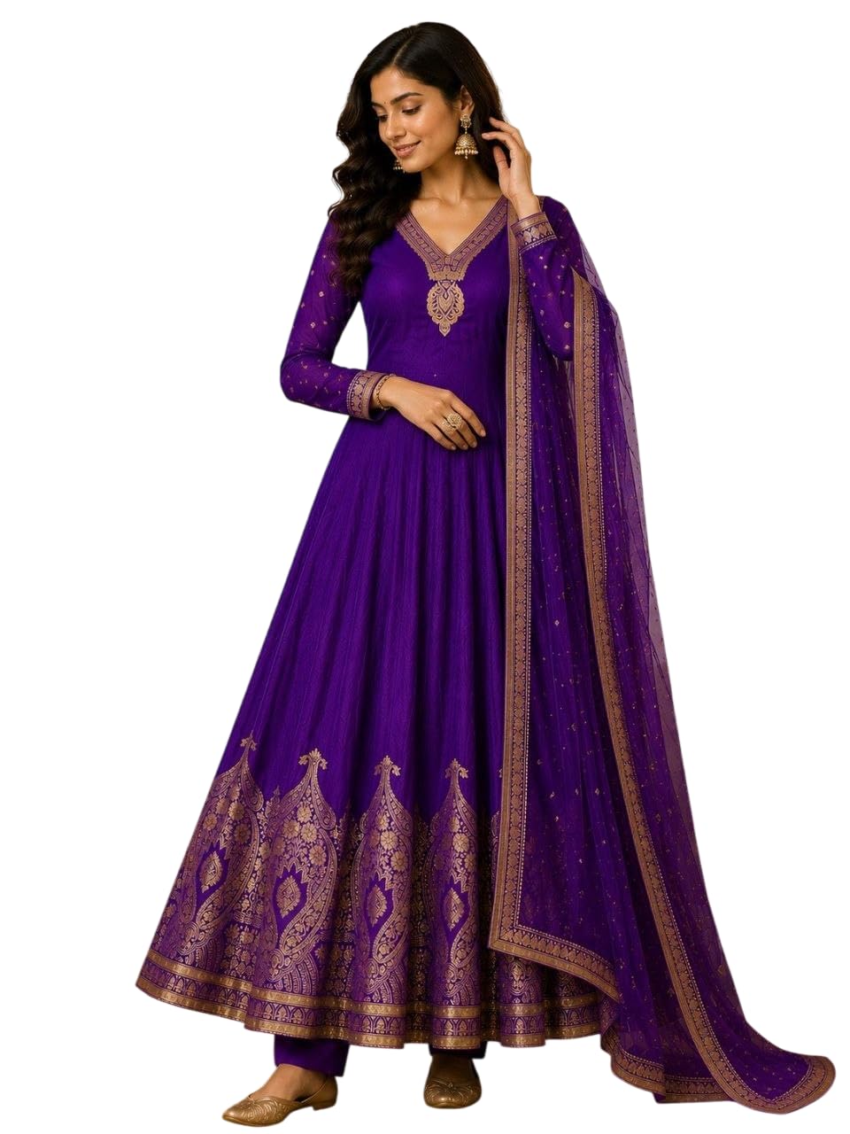 Women's Beautiful Fully Banarasi Premium Works withFully Nack Heavy Embroidery Work Gown Pant & Dupatta Set Anarkali Gown,Full Sleeveless-image-39