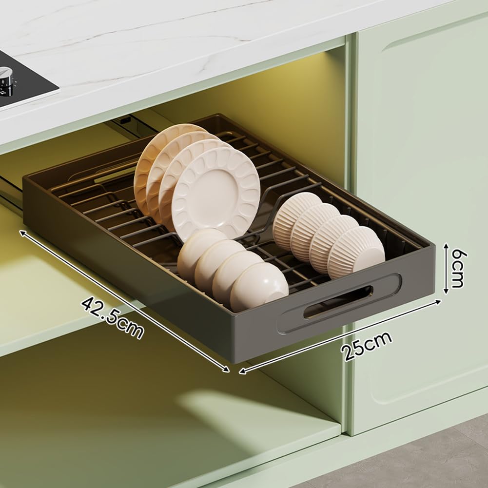 Escurreplatos telescópico de metal, cajón organizador de platos extensible con funcionalidad extraíble suave, negro (blanco)