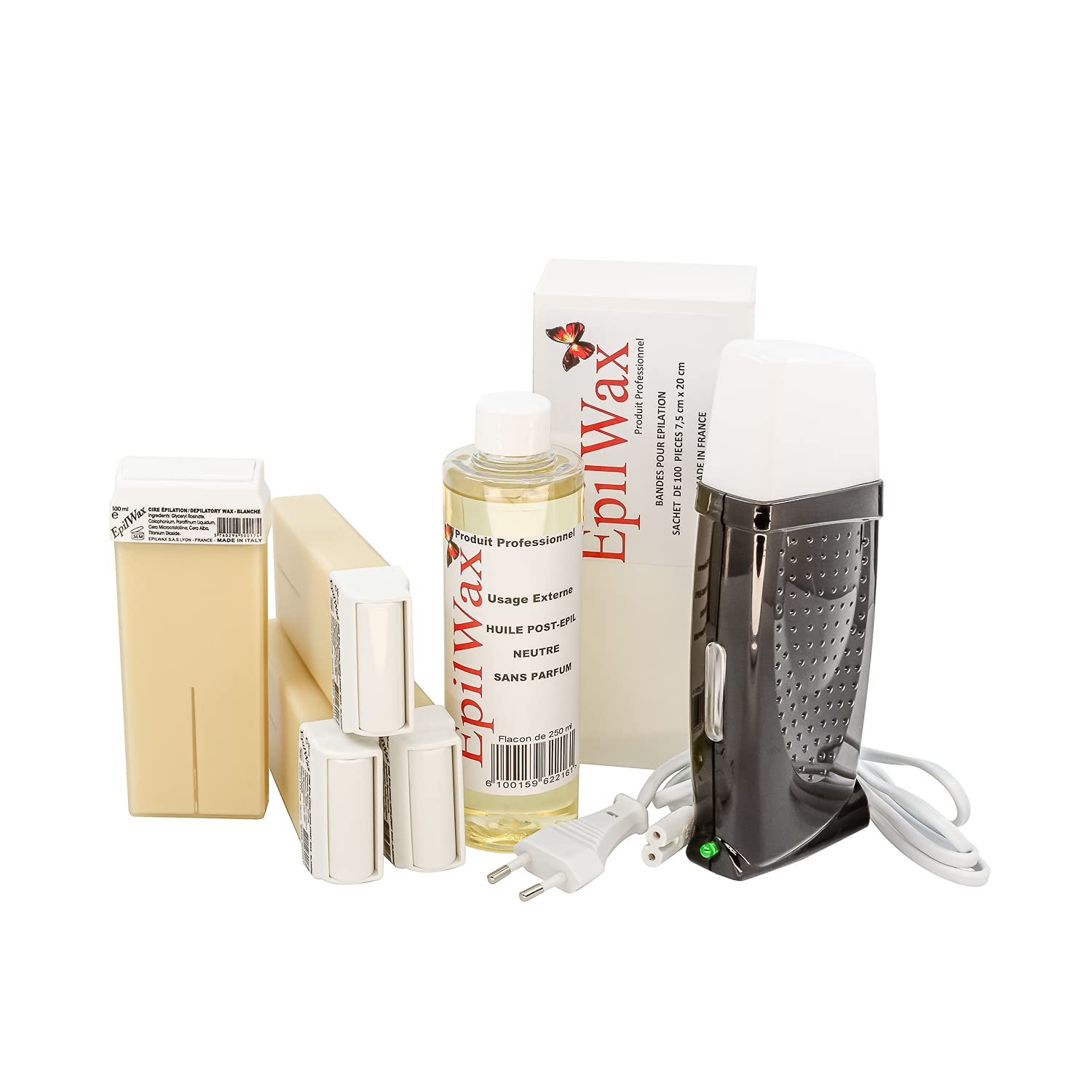 EpilWax Royal Complete Epilation Kit mit: Professionellem Wachswärmer 4 Roll-On Wachs 100 ml Vanille, 100 Epilierstreifen, 1 Flasche mit 250 ml Öl nach der Epilation (Royal black Vanille 4)