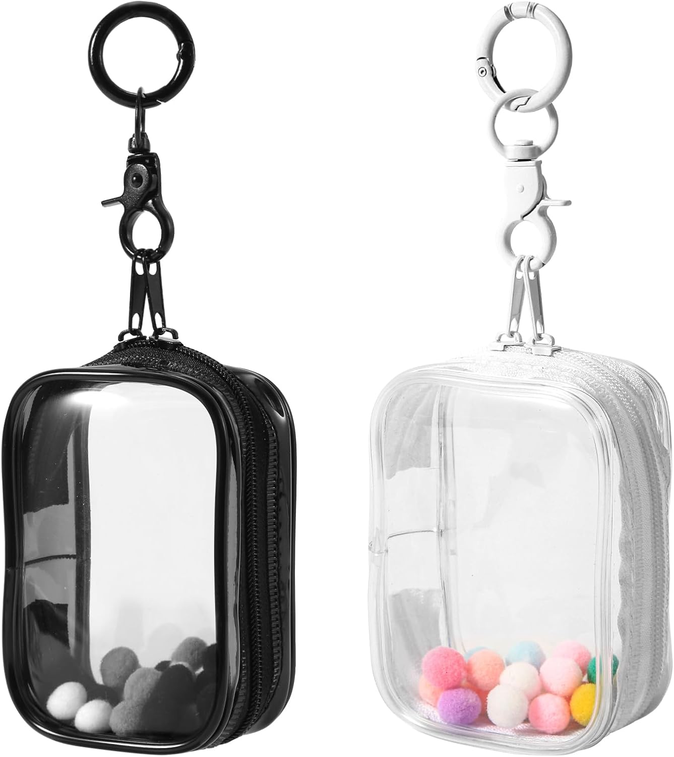 2pcs Clear Figure Display Bag, Blind Box Display Pouch Bag with Keychain Portable Small Doll Storage Bag Mini PVC Doll Bag Carrying Case for Mini Figure Doll Collectors(Black, White)