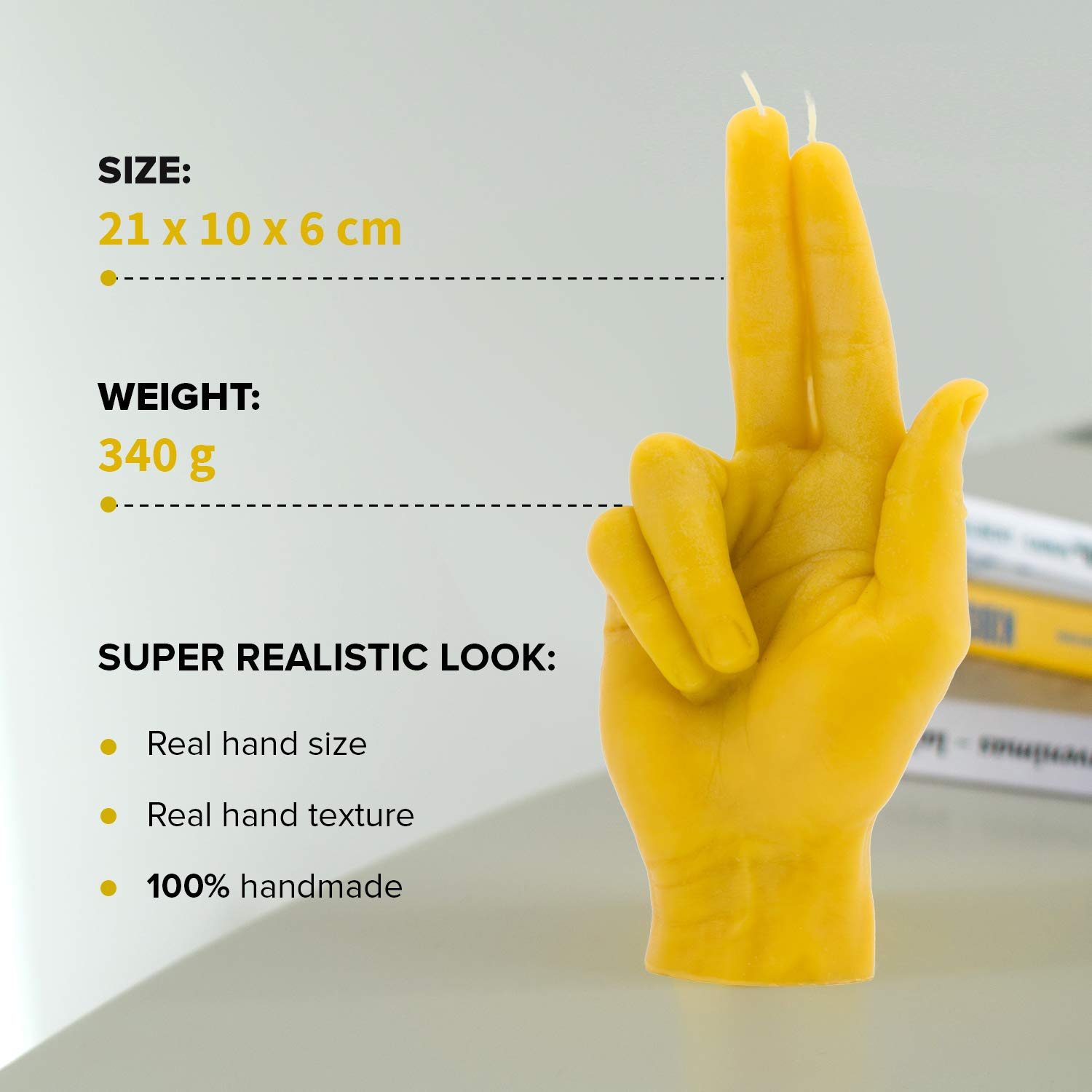 Vela gesto de mano GUN – Tamaño grande de la mano real 21 x 10 x 6 cm – Estatua hecha a mano – Decoración del hogar – Cumpleaños, oficina, regalo de inauguración de la casa (Amarillo)