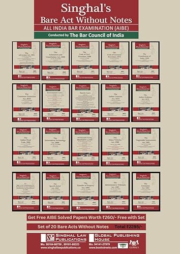 Bare Act Without Notes for All India Bar Examinations (AIBE) 2023 Set of 20 Bare Acts ang Get Free AIBE Solved Papers Word Rs 260 Free with this Set by Singhal Law Publications