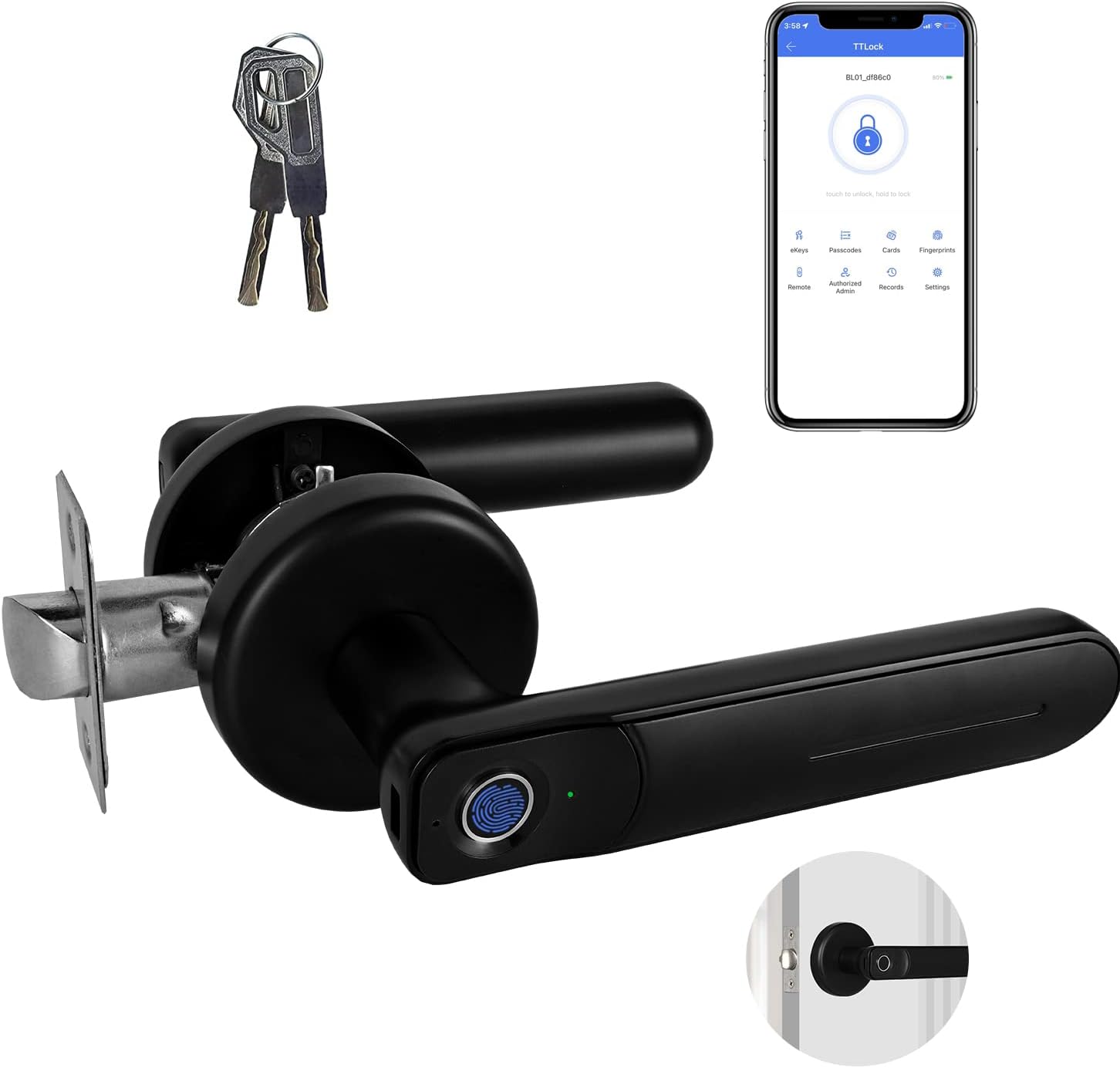 Fingerprint Door Lock, Keyless Entry Door Lock with Handle, Smart Door Lock,Biometric Smart Door Knob for Home Apartments Office Hotel Bedroom, Black