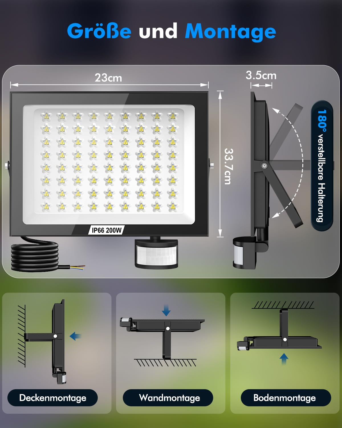 LED Strahler mit Bewegungsmelder Außen 200W 20000LM Fluter Flutlicht, 6500K 180°Erfassungsbereich Scheinwerfer mit Fernbedienung, IP66 Wasserdicht Außenstrahler für Garten Hof Einfahrt Garage