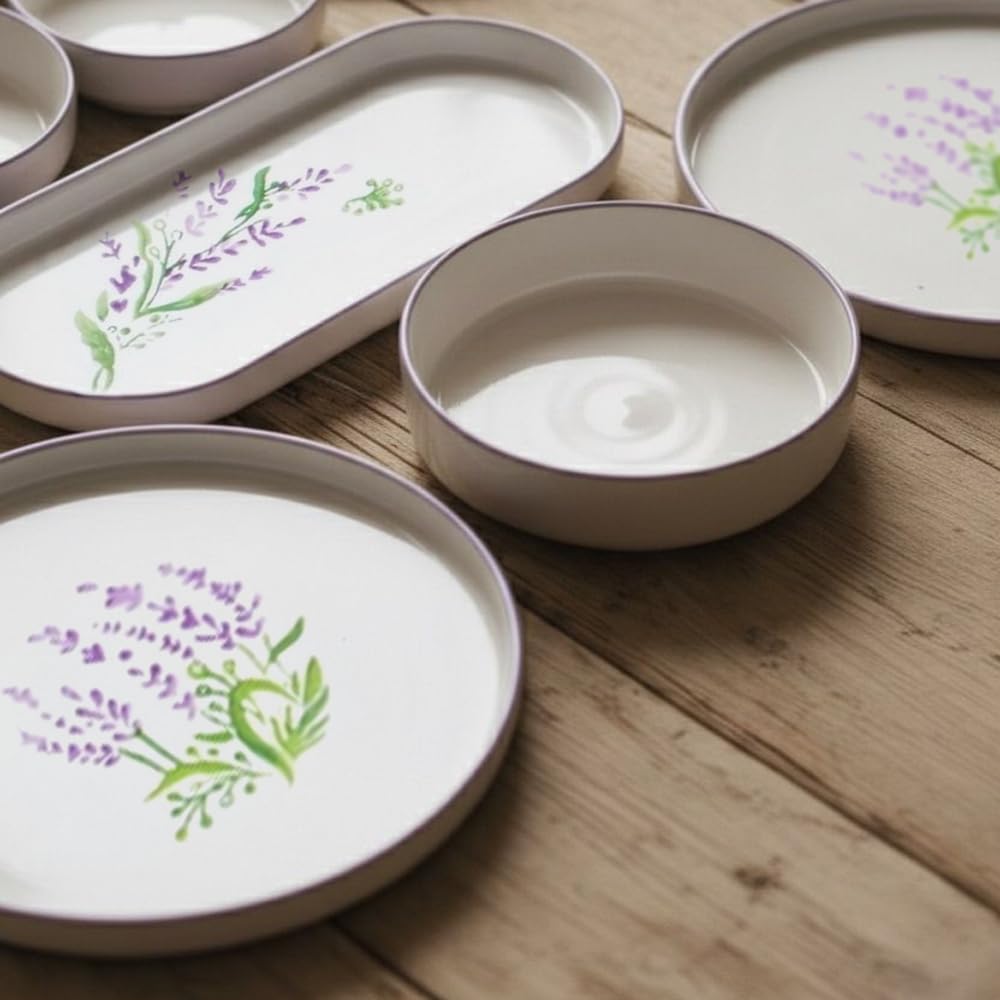 14-teiliges Frühstücksset für 6 Personen – Stackable Lavendel Serie – Handbemaltes Kütahya-Keramikgeschirr mit Servierplatten – Spülmaschinengeeignet & stapelbar