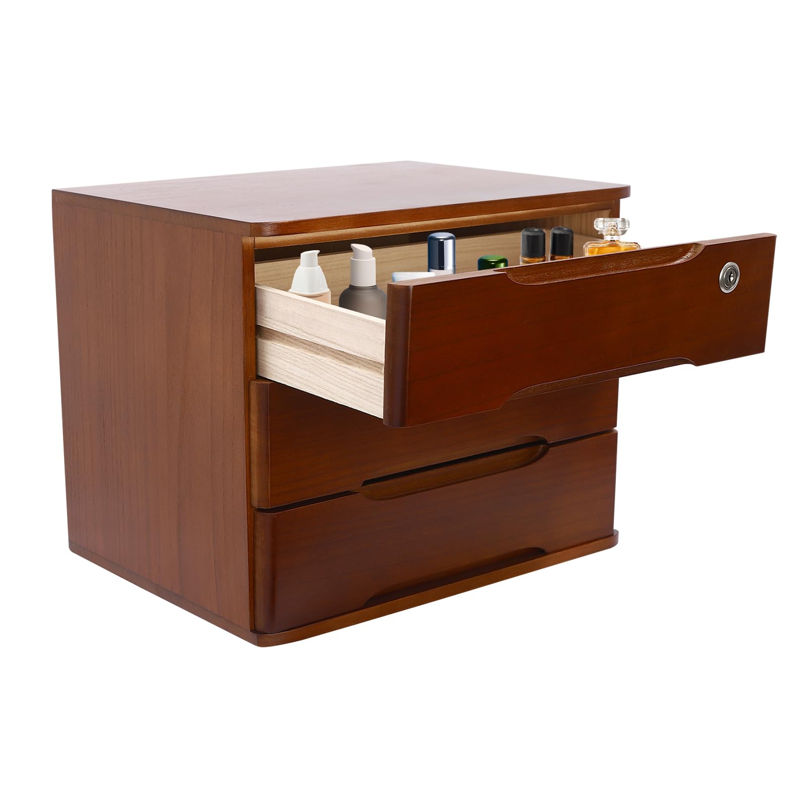 Scatola di archiviazione per desktop a 3 strati, con cassetto chiudibile, organizzatore per ufficio, studio, dresser file, organizer piatto per armadio, noce