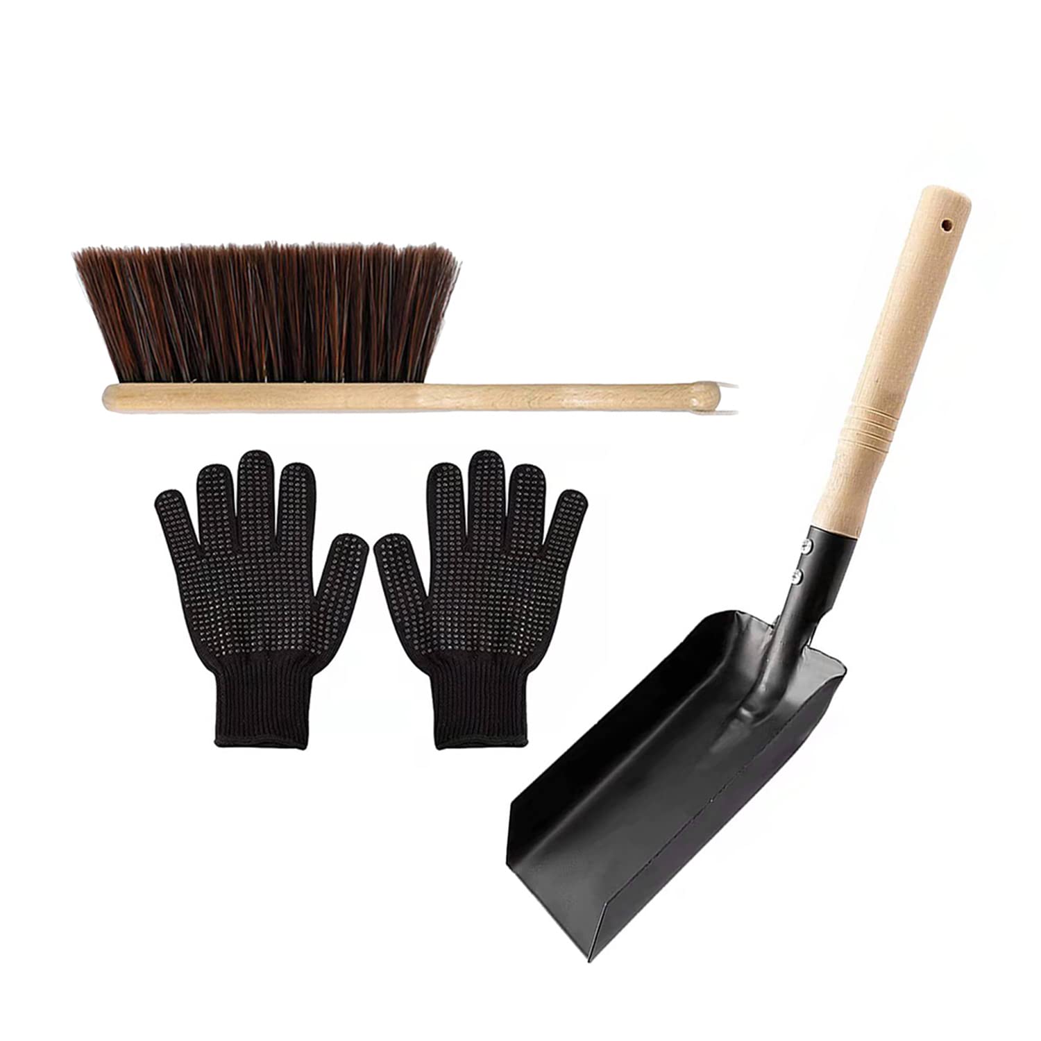 Coal Shovel and Hearth Brush Set Fireplace Ash Brush and Scoop Cleaning Set with Black Silicone Gloves Firepit Tools
