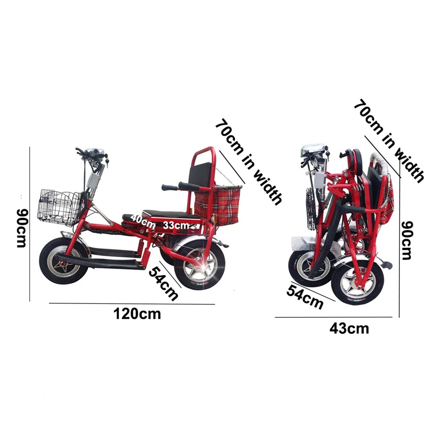 Składany trójkołowiec elektryczny,3 Wheel Mobility Scooter Przenośny trójkołowy rekreacyjny skuter elektryczny,Skuter elektryczny dla osób starszych/niepełnosprawnych/na zewnątrz,Red