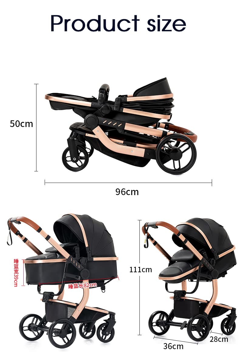 3 in 1 Kinderwagen aus PU Leder, Wendbares Baby-Reisesystem, mit Einem Klick Zusammenklappbarer Kinderwagen und Komplettes Zubehör, Zwei Bremsmodi für Vorder- und Hinterräder（Black）