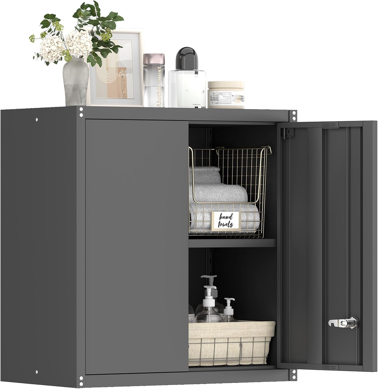 GREATMEET Metal Garage Wall Cabinet, Wall Mounted Metal Storage Cabinet with Locking Doors and Shelves, Floating Hanging Garage Cabinet for Shop, Basement, Warehouse (Black, 28" H)