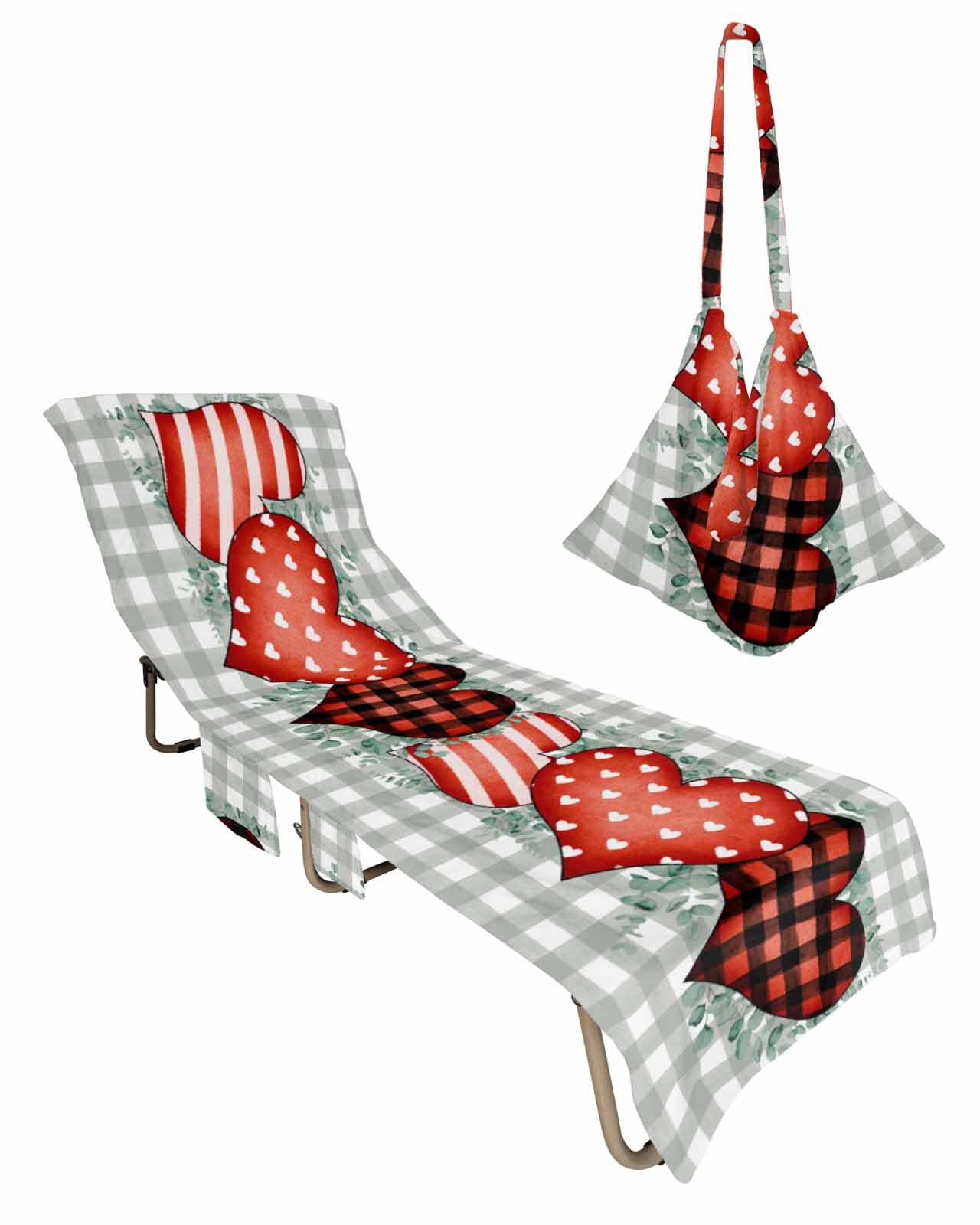 Red Love Heart Valentines Beach Lounge Chair Towel Cover, Soft Chaise Lounge Towel with Side Pockets Patio Pool Chairs Cover for Beach/Pool Sunbathing 29x85 Eucalyptus Leaves Plaid