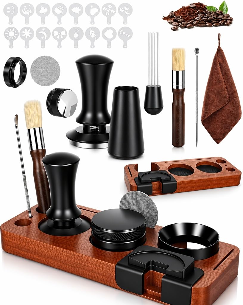 Lot de 25 tampons à café de 51 mm avec station tamper, niveau de café, outil WDT, brosse de nettoyage, écran palet, mélangeur, 16 pochoirs à latte pour expresso