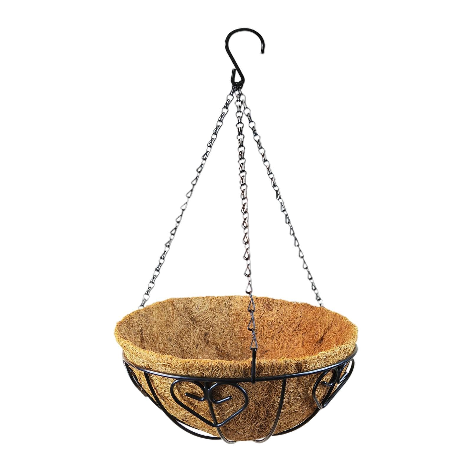 Rurunklee Hanging Basket with Coco Liner for Hanging Baskets, 12 inch Black Wire Basket, Ideal Gardening For Mum, Garden Decoration Ideas and Outdoor Garden