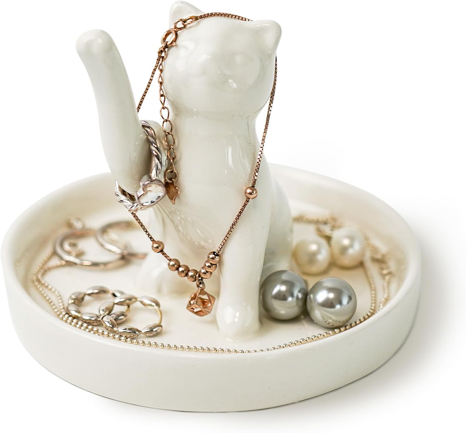 YOBRO Ceramic Waving Lucky Cat Jewelry Tray – Cute Ring Holder & Trinket Dish for Women, Girls | Kawaii Home Decor, Gift Idea for Her (White)