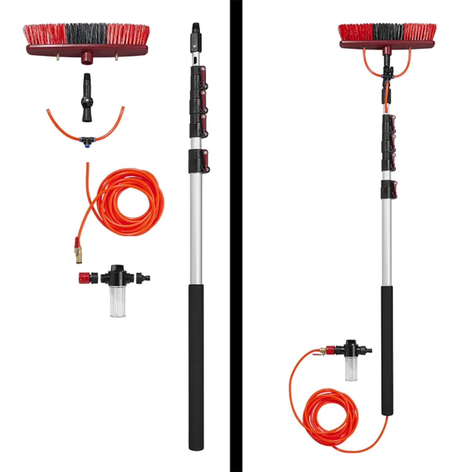 Waschbürste Teleskop wasserführend mit Seifenspender 119 bis 450 cm | Lackschonende Borsten, 90 Grad verstellbarer Bürstenkopf und innengeführter Wasserschlauch, Preiswert&Gut