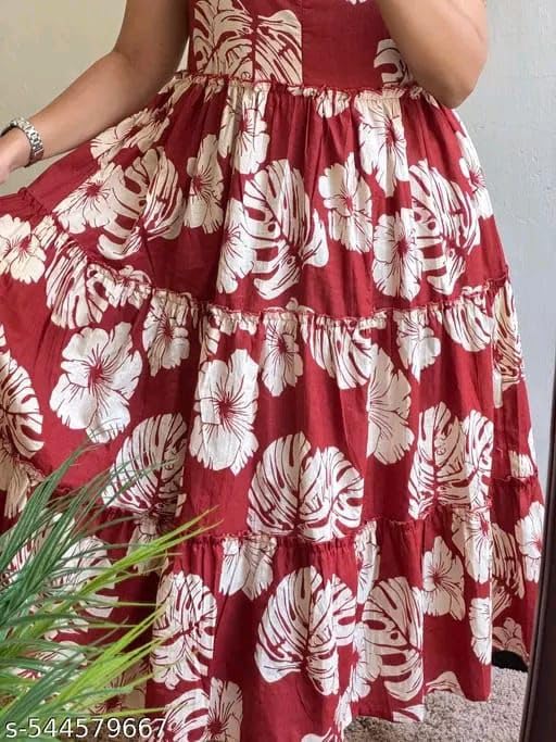 Image of Women's Rayon A-Line Midi Dress, Floral Print, Short Sleeves, Round Neck, Tiered Design