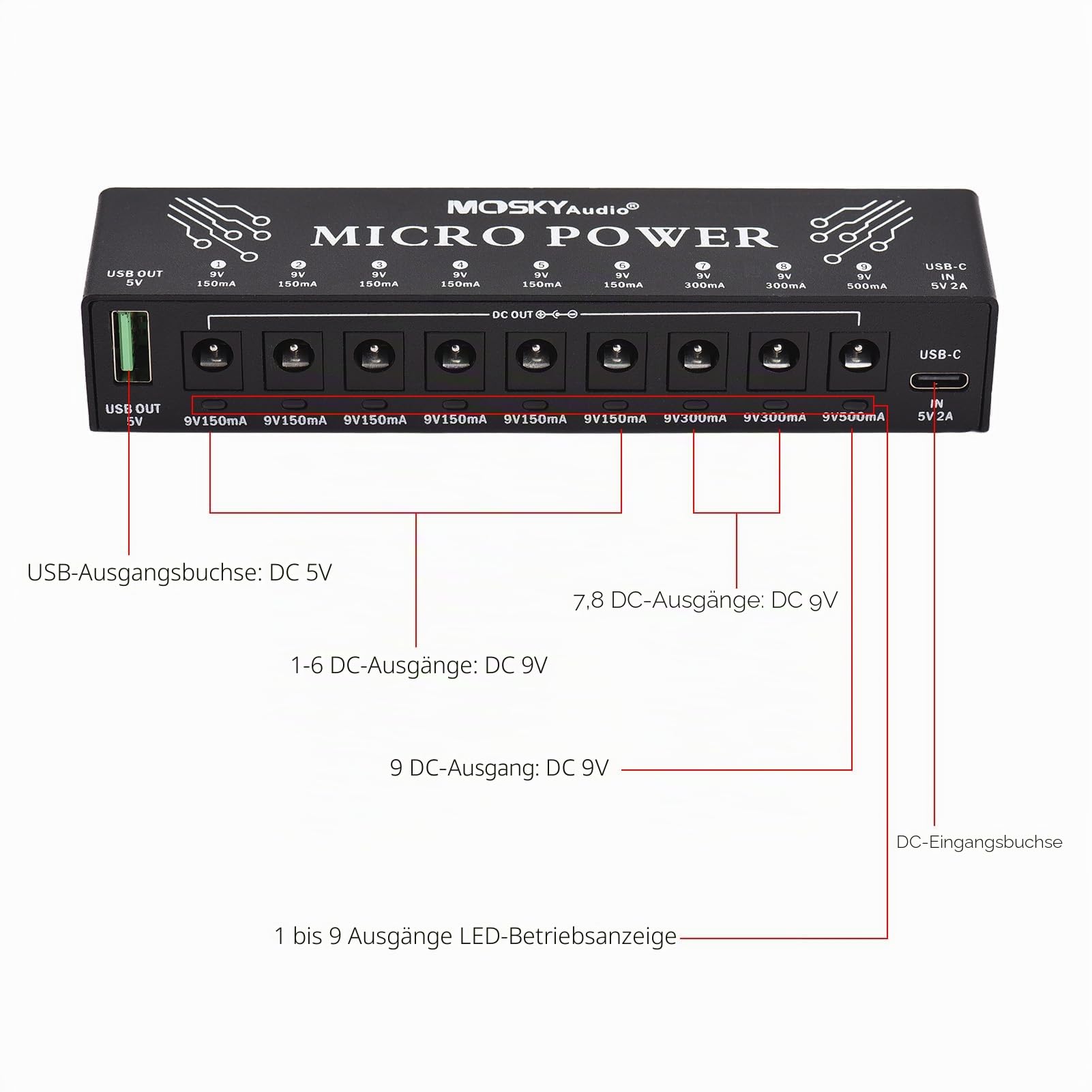 Btuty 10-Kanal Gitarre Pedal Netzteil mit unabhängigem Kurzschlussschutz LED Leistungsanzeige 9 DC-Ausgänge und 1 USB-Ausgang für Gitarren-Effektpedal Andere Musikgeräte