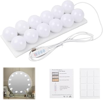 Vanity Mirror Lights Kits, 12 Bulbs Hollywood Style LED Makeup Lights with USB Cable, 3 Colour Changing & 9-Level Brightness, Make up Light for Dressing Table Room, Bathroom [Energy Class E]