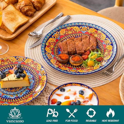 Image of vancasso Plates and Bowls Sets,12-Piece Porcelain Dinnerware Set Service for 4, Bohemian Style Dishes Set for 4, Kitchen Dinner Set, Microwave and Dishwasher Safe, Scratch Resistant, Series KRVI