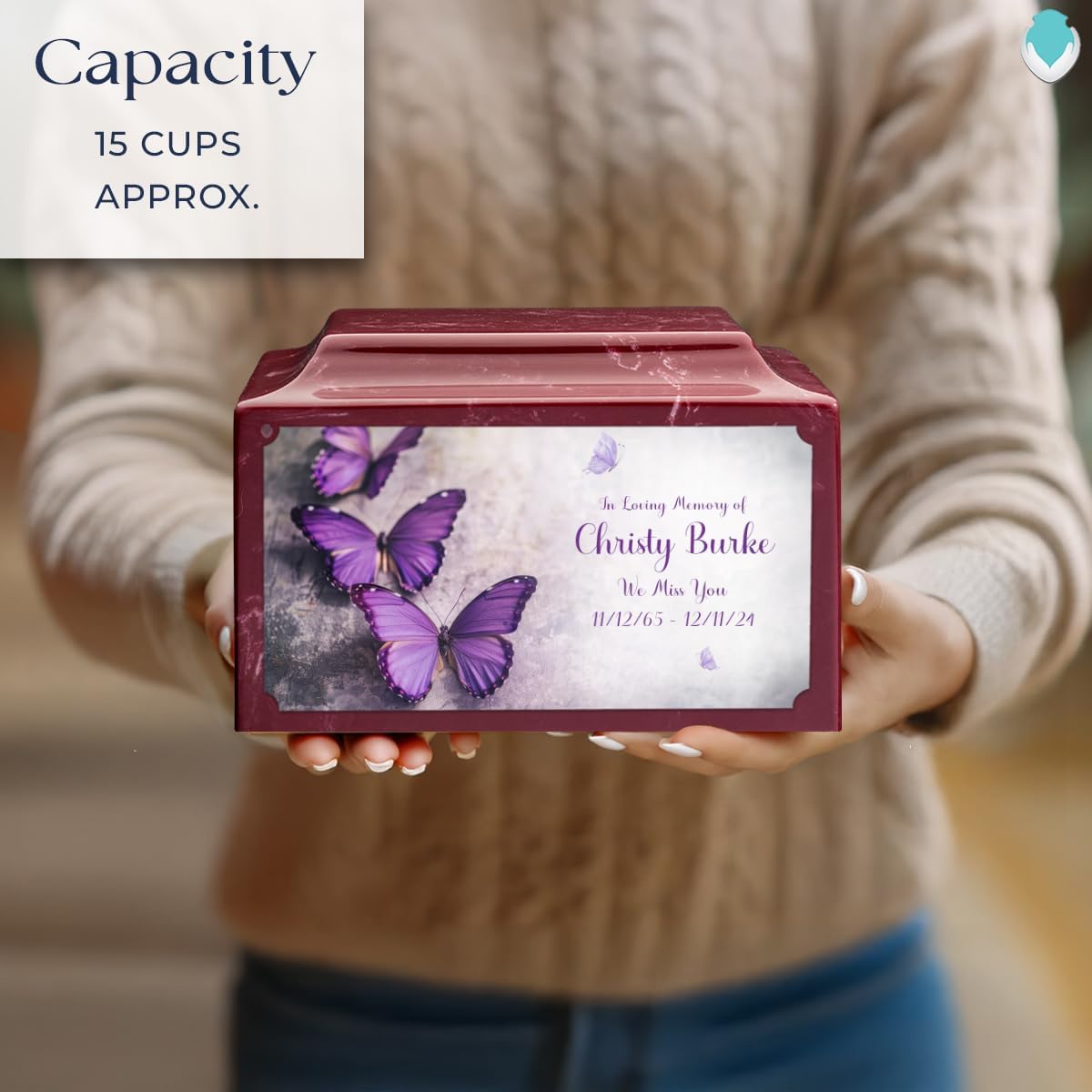 GetUrns Cultured Marble Urn Vault by Mackenzie with Personalized Butterfly and Text for Human Ashes I Berry Adult Urns for Male and Female I 210lbs