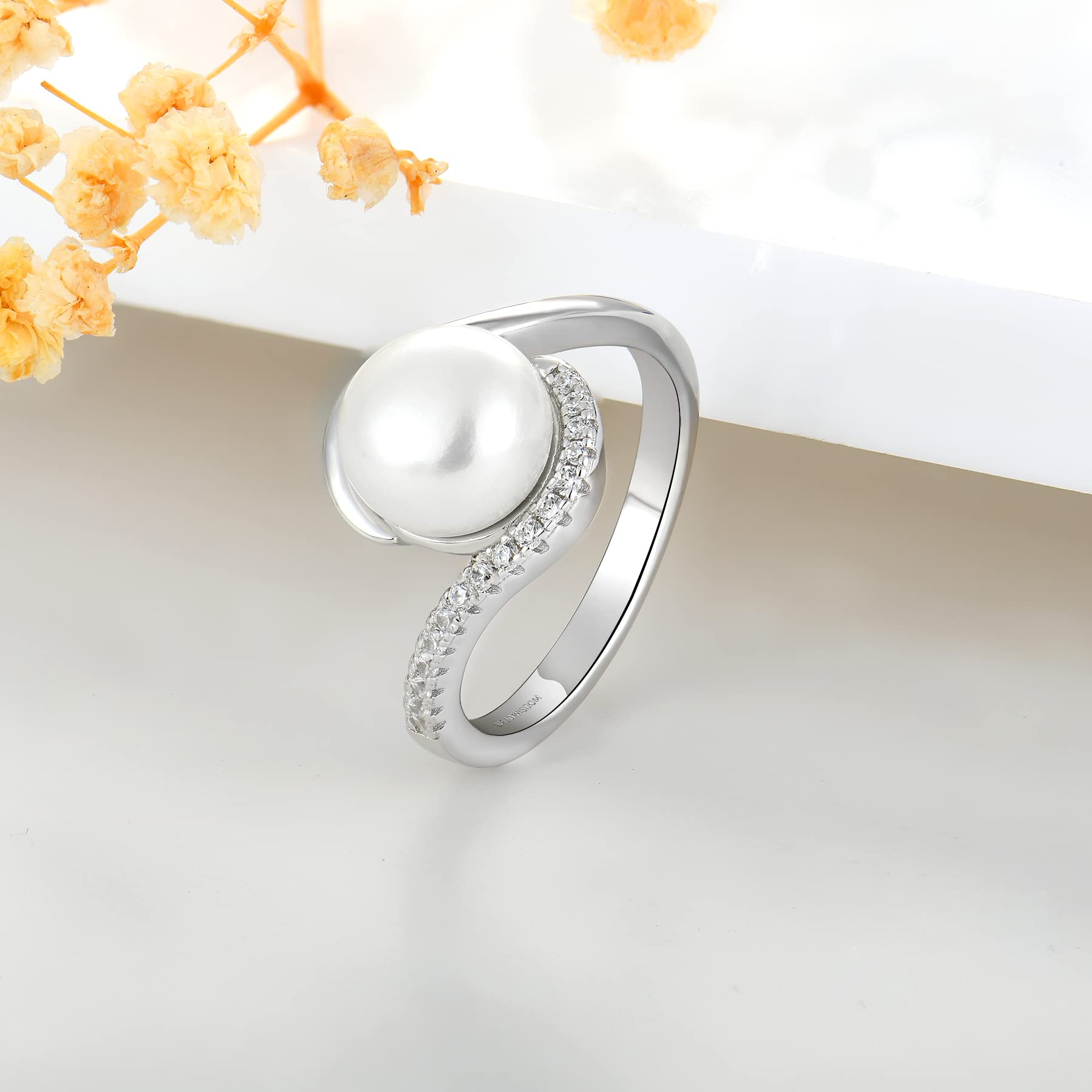 JO WISDOM Damen Ring Silber 925 mit 3A Zirkonia,Perlenring mit 9mm Süßwasserperle,Schmuck für Frauen
