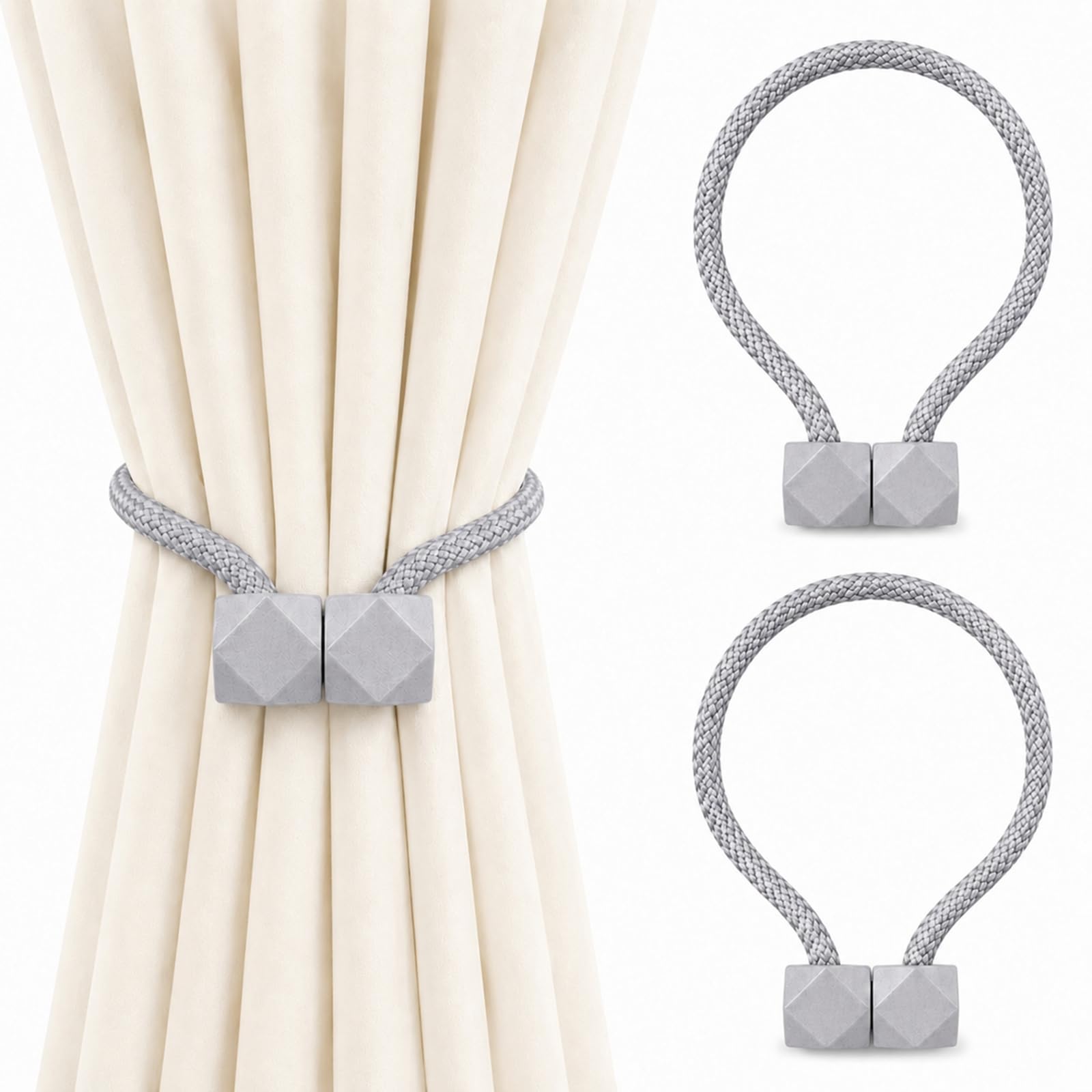 2 Pack Grey Magnetic Curtain Tiebacks - 50 cm Braided Cotton Rope Curtain Holdbacks with Strong Magnetic PP Ends, No Drill Adjustable Drape Ties for Bedroom Living Room Office Windows