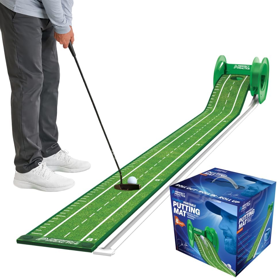 PERFECT PRACTICE (Improved) Putting Mat for Indoors - Indoor/Outdoor Putting Green with Ball Return, Realistic Surface Golf Putting Mat, Lay-Flat Technology