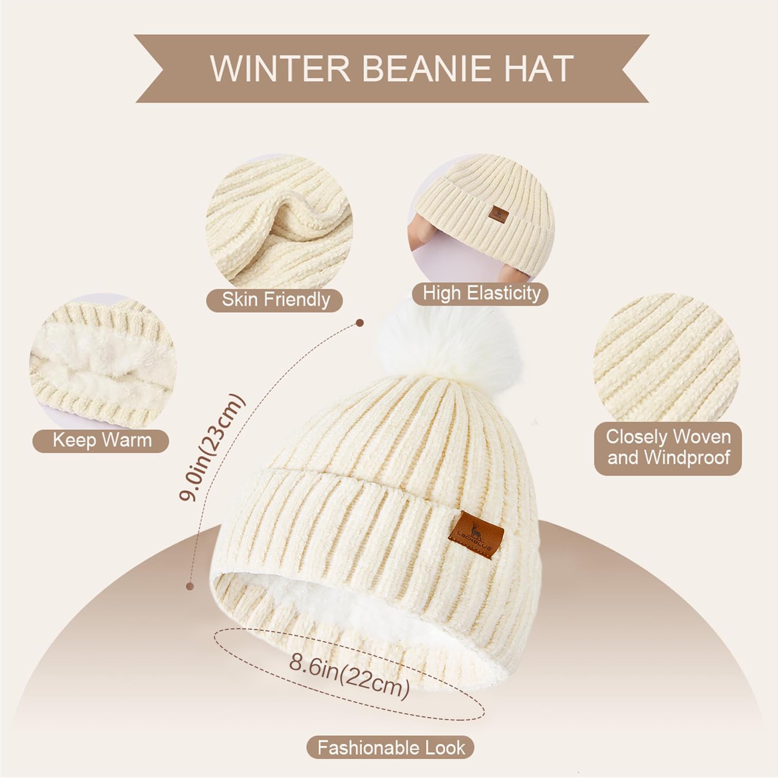 LackBlue Damska zimowa czapka beanie szalik rękawiczki do ekranu dotykowego zestaw dzianinowe ciepłe czapki z czaszką długie szaliki na szyję dla kobiet mężczyzn