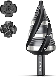 THINKWORK Four Spiral Flute Step Drill Bit, HSS Step Drill Bit3/16-1-3/8 (3 Popular Sizes) Unibit Step Drill Bit, 1/4" Shank Step Bits for Aluminum, Wood, Plastic, Metal