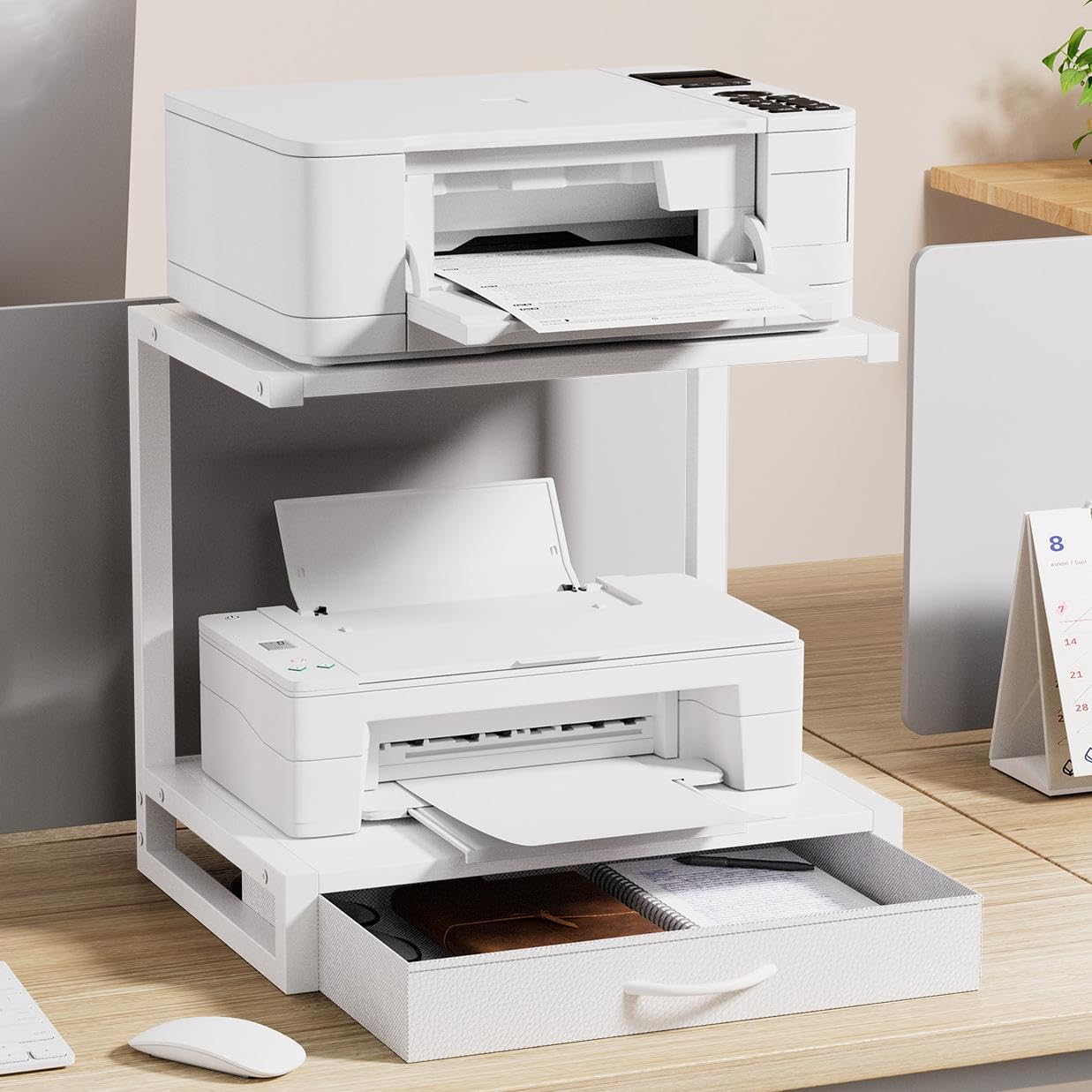 OYRREU 2-Tier Desktop Printer Stand with Fabric Drawer and Open Shelf, Printer Table with Storage for Home Office 3D Printers - Image 2
