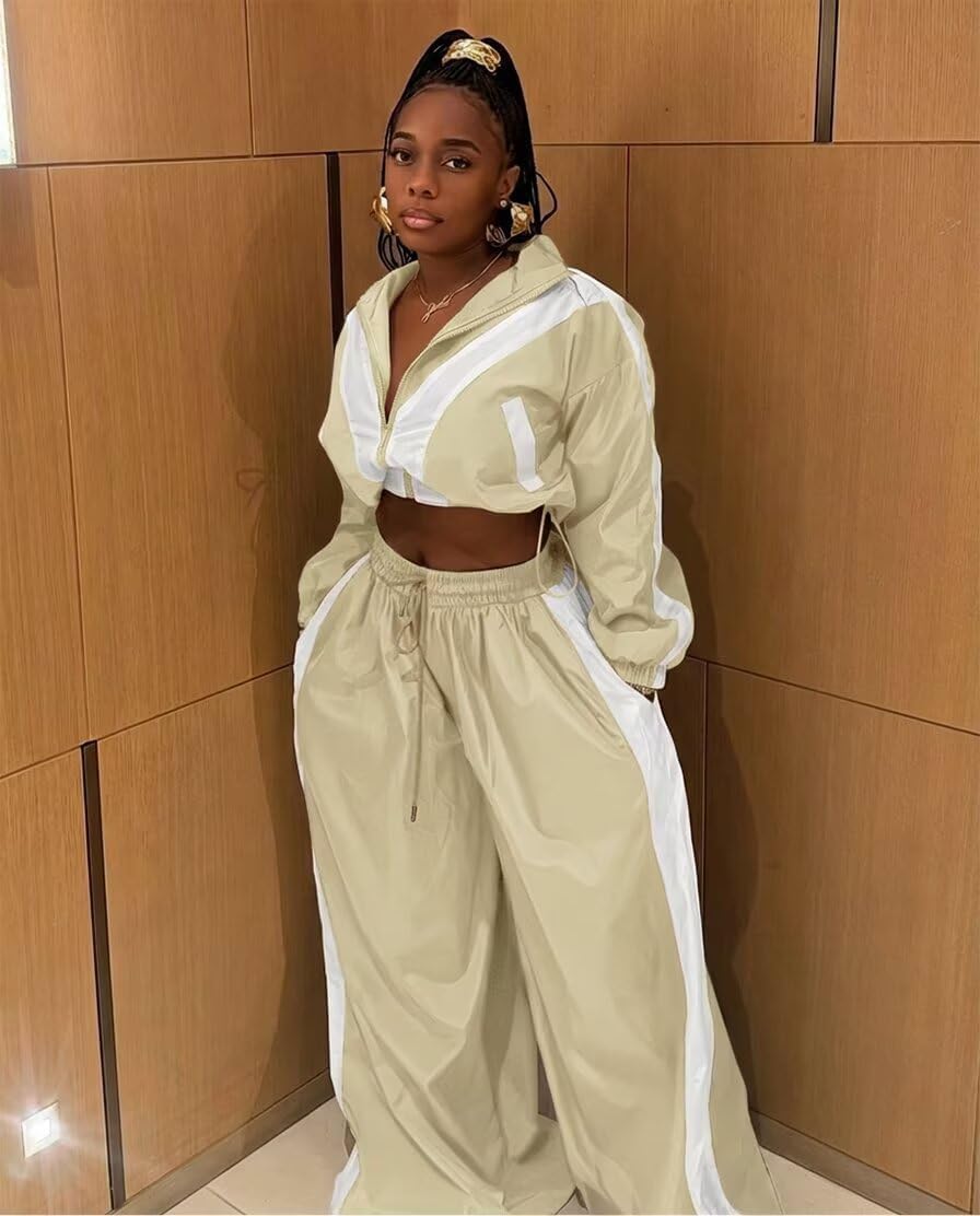 Women Striped 2 Piece Outfits Fall Workout Sets Windbreaker Tracksuit Crop Jacket Wide Leg Pants with Pockets - Image 3