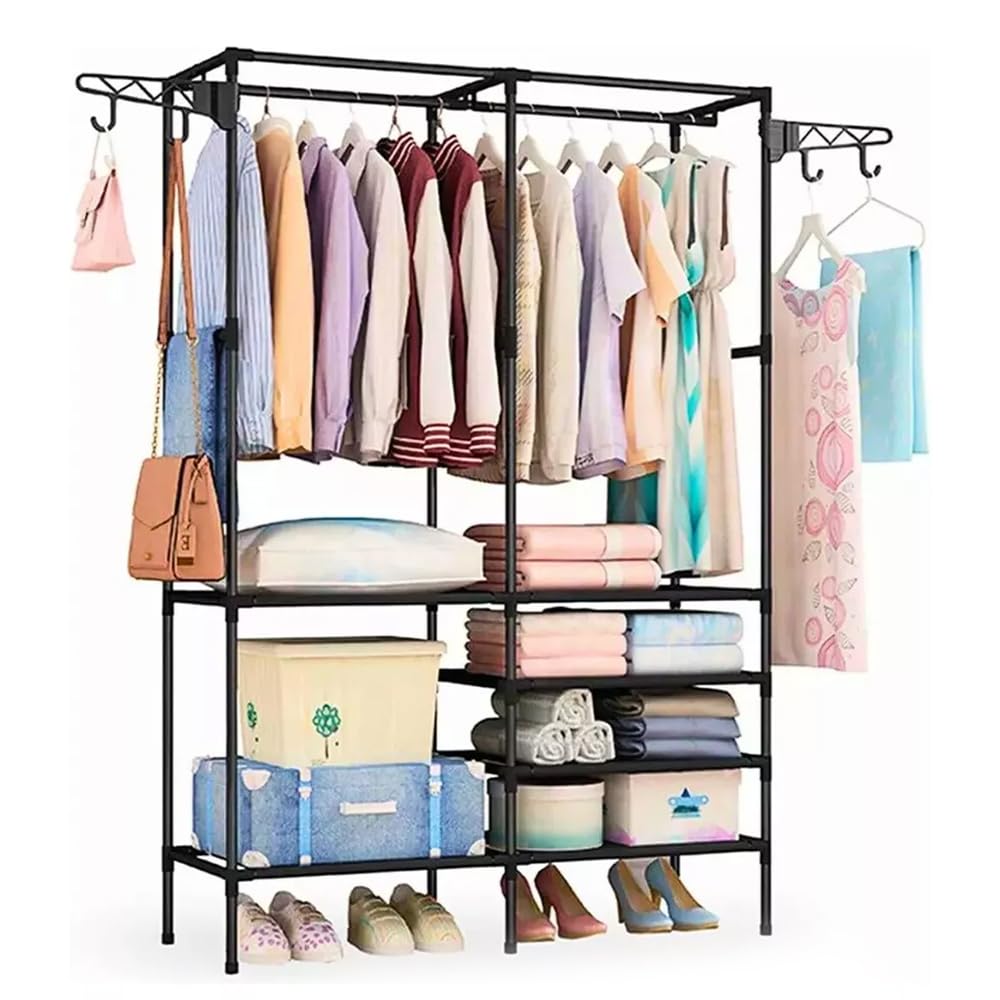 Lybunair Double Rod Clothes Rack Heavy Duty Steel Pipe Garment Rack with 6 Spacious Shelves, 2 Removable Hooks for Bedroom, Closet, Entryway, Living Room