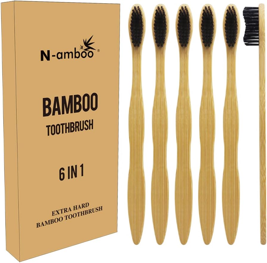 Hard Toothbrush Bamboo Toothbrush for Adult Manual Toothbrsuh Hard Bristles Pack of 6