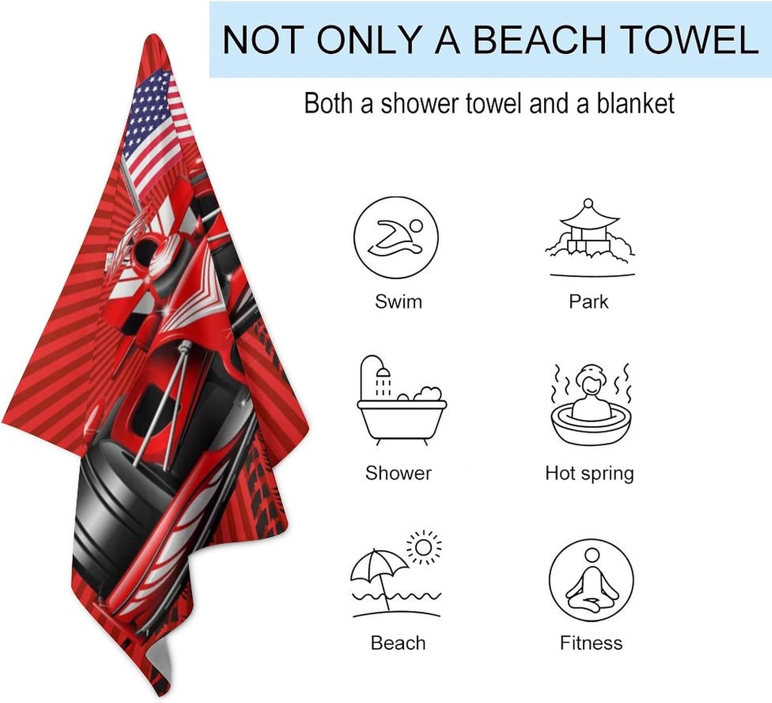 Racing Car Game Theme Beach Towel,Red Racecar Checkered Flag American Flag Microfiber Beach Towel, Extra Large Adult Beach Towel.