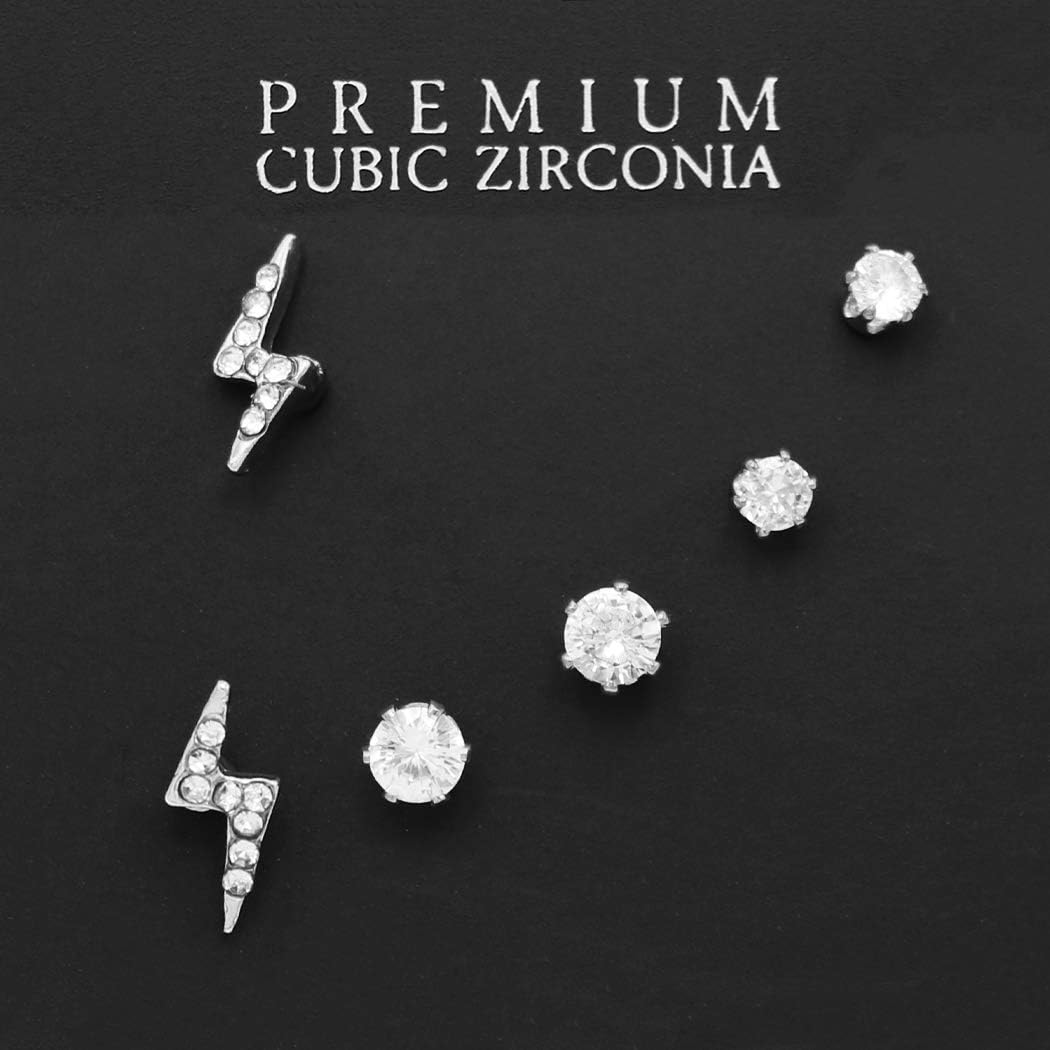 Rosemarie & Jubalee Women's Timeless Classic Set of 3 Studs With Premium Cubic Zirconia Crystals Solitaire And Fun Shape Post Back Hypoallergenic Earrings