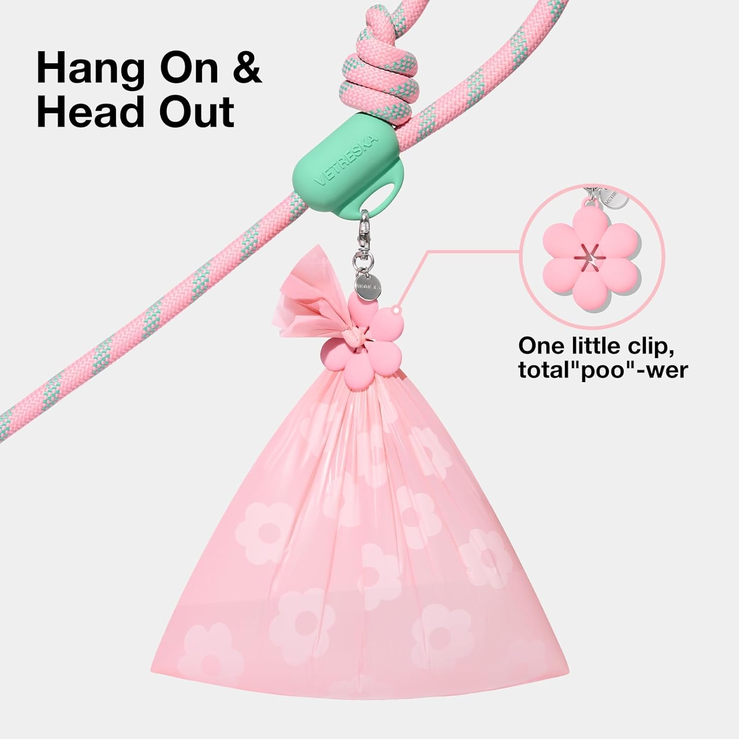 VETRESKA Hands-Free Dog Leash, 8FT Adjustable Rope Leash for Medium Large Dogs, Waist/Crossbody Slip Lead Leashes for Walking, No Pull Dog Leashes with Bag Dispenser, Clip, 3 in 1 Walk Kit (Flora)