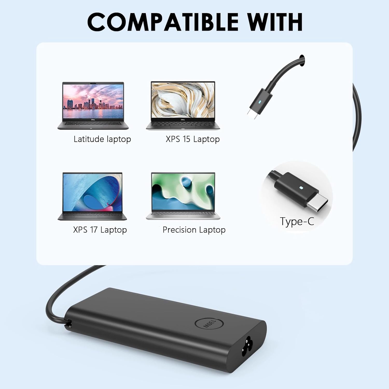 Ruilezyo 130W USB C Laptop Charger Compatible with Dell XPS 15 17 9500 9575 9700 Precision 5550 3560 3550 5530 2-in-1 5750 Latitude 7210 9410 9510 5420 5510 5520 Type C Adapter DA130PM170 HA130PM170 - Image 5