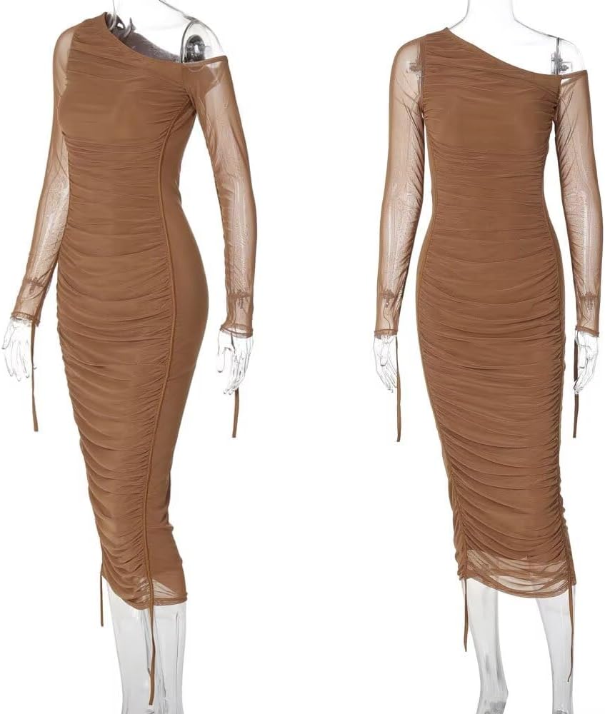 Women's Long Sleeve Mesh Dress - Bodycon Off Shoulder Mesh Ruched Cocktail Club Maxi Dresses - Image 5