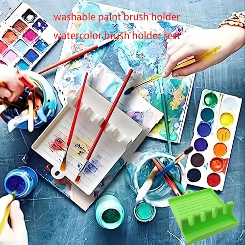Image of 2 PCS Washable Paint Brush Holder Watercolor Brush Rest with 4 Slots for Oil and Watercolor Acrylic Painting White Green