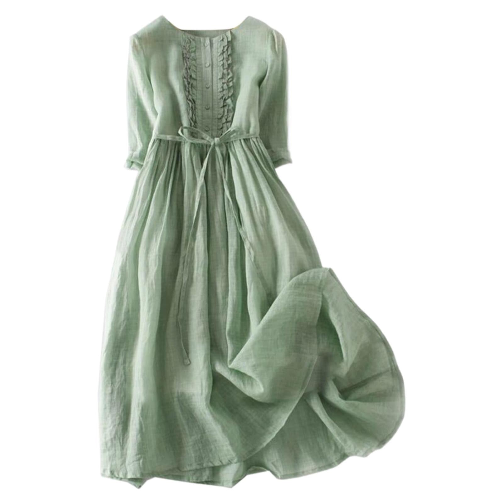 LAGKQSWomens Boho Dresses Linen Short Sleeve Solid Midi Dresses Crewneck Button Lace-Up Dress A Line Casual Flowy Summer Beach Dress Loose Bohemian Dresses 2024 Classy Dresses for Women Green 3X