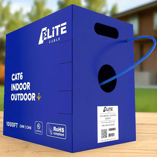 Elite Cat6 Indoor/Outdoor Ethernet Cable - 23AWG, 1000ft, 600MHz, 5+ dB, High Performance, UL Listed, LP Rated, Blue